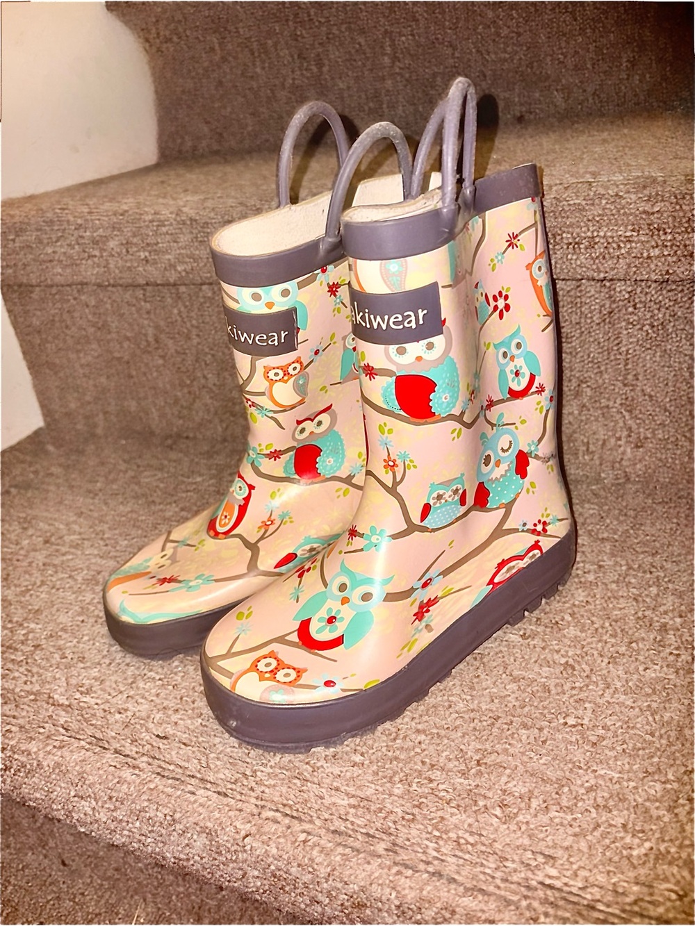Kids' Owl Rain Boots by Tikiwear — Pink with Teal & Red Accents